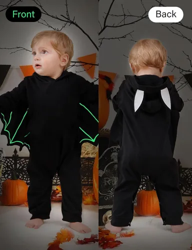Vista 2 de Goodstoworld Disfraz de Halloween para bebé recién nacido, para niño y niña, color negro con murciélago que brilla en la oscuridad, body de 0 a 18
