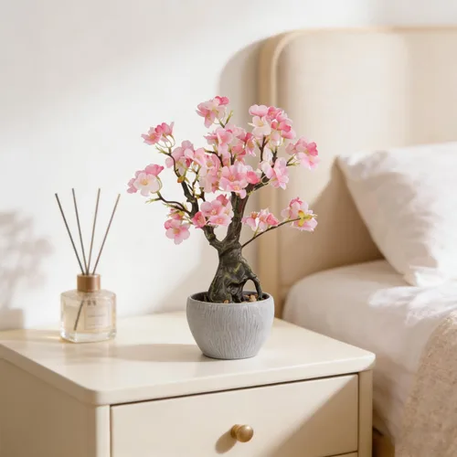 Vista 5 de KAIRNE Maceta floral de cerezo rosa artificial, 15.7 pulgadas de alto, plantas falsas de bonsái, plantas de imitación de flores, ramas decorativas