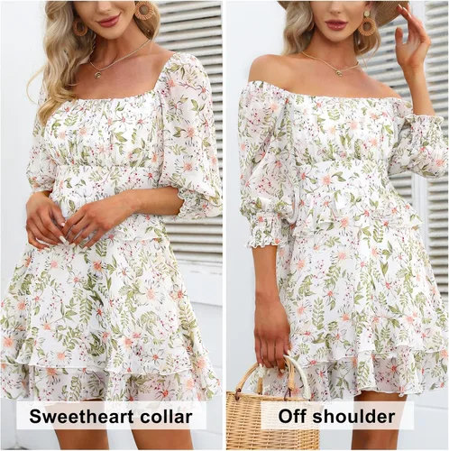 Vista 4 de EXLURA - Vestido corto de verano para mujer vestido con estampado floral diseño escalonado con volantes cuello cuadrado manga larga y hombros