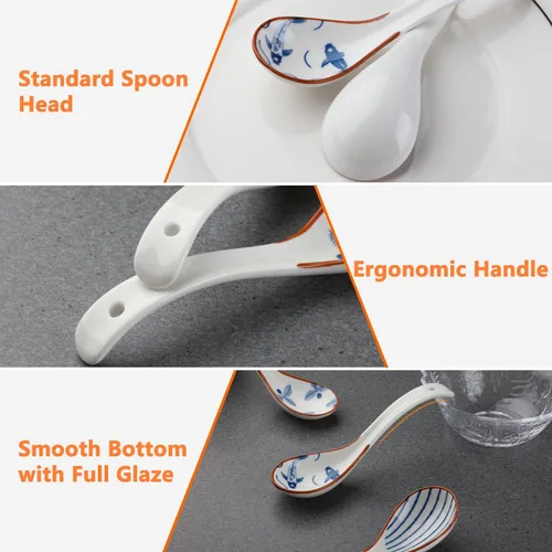 Vista 3 de Juego de 4 cucharas de sopa chinas, cucharas coreanas de porcelana para albóndigas de cereales de fideos Pho