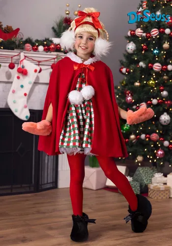 Vista 2 de Dr. Seuss The Grinch Cindy Lou Who Christmas Costume for Girls, Plaid Holiday Dress & Skirt with Red Cape