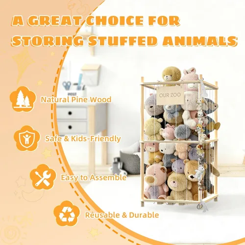 Vista 3 de Organizador de almacenamiento de animales de peluche, soporte de madera para juguetes de zoológico para habitaciones, salas de juegos y dormitorios