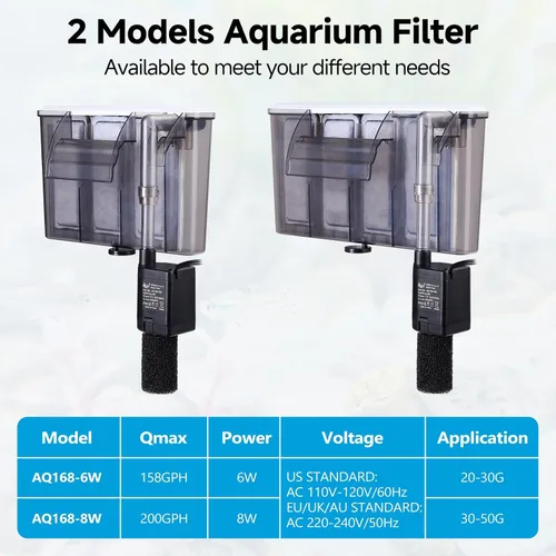 Vista 7 de AQQA - Filtro silencioso para tanque de peces de 20-30 galones - Filtro de acuario colgante en la parte posterior con inicio automático, flujo