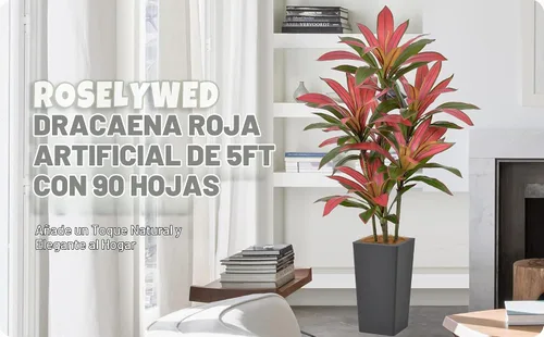 Vista 4 de Roselywed - Árbol de Dracaena artificial rojo de 5 pies, 90 hojas y maceta Maceta alta gris