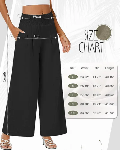 Vista 6 de Neer 2 piezas de pantalones palazzo de lino para mujer, cintura alta fruncida, pierna ancha, pantalones casuales de playa, pantalones con bolsillo