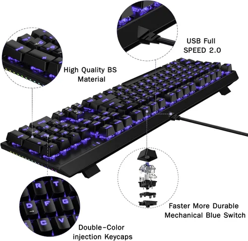 Vista 6 de GOFREETECH - Teclado mecánico de PC con cable RGB retroiluminado azul LED resistente a derrames sensación mecánica ergonómica de 104 teclas