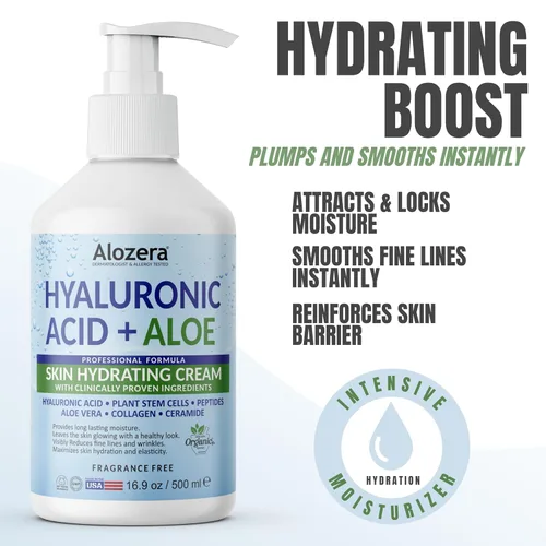 Vista 2 de Alozera Loción facial y corporal de ácido hialurónico con aloe vera, loción hidratante diaria para hidratación y refresco de la piel seca, no grasa