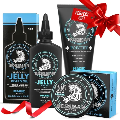 Vista 13 de Bossman Essentials Kit de barba para hombres, juego de 3, gelatina de aceite para barba, crema acondicionador fortificante, bálsamo para barba