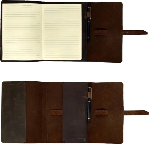 Vista 5 de Juego de regalo de diario de cuero personalizado para hombres y mujeres, iniciales en cubierta de cuero de primera calidad, bolígrafo de metal