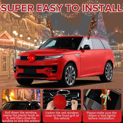 Vista 4 de Encantador adorno navideño para coche de Angooni, kit festivo de reno para coche, cuernos de reno y nariz, luces navideñas, bonito regalo