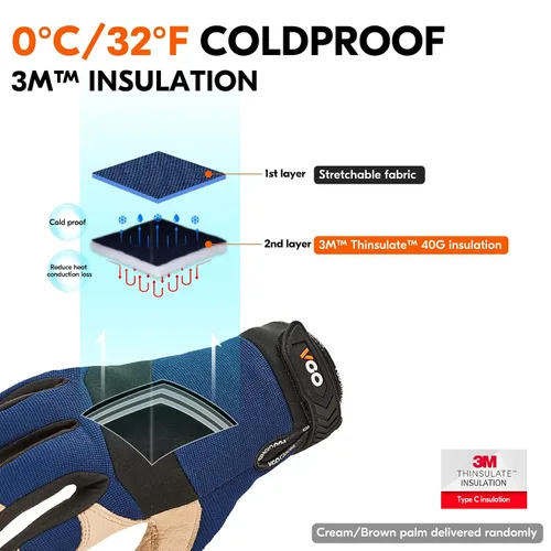 Vista 3 de Vgo... 1 par de guantes de trabajo de seguridad de cuero de piel de cerdo con forro para 32℉ o superior, cálidos para invierno frío, almacenamiento