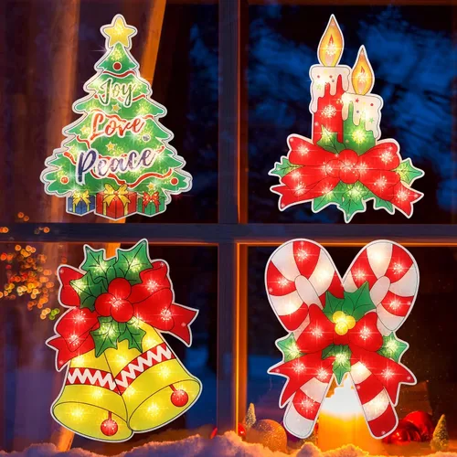 Vista 7 de 4 piezas de decoración de silueta de ventana de Navidad iluminada, estrella de Belén, feliz Navidad, copo de nieve, corona para ventana, decoración