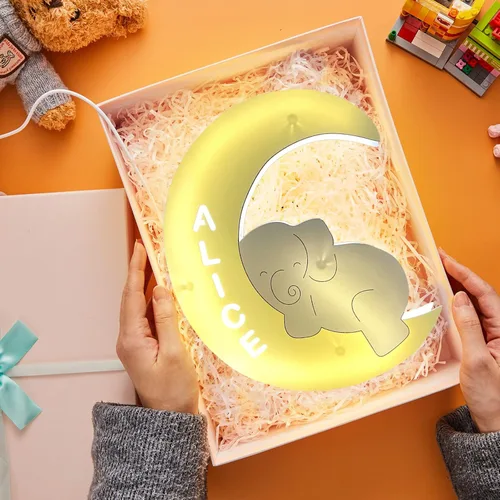 Vista 6 de Luz nocturna personalizada para niños, niñas, niños, lindo diseño de elefante y luna, con nombre grabado, lámpara de pared acrílica, regalos