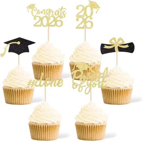 Vista 8 de 36 adornos para cupcakes de graduación de clase 2026, con purpurina azul de doble cara para suministros de fiesta de graduación, decoraciones