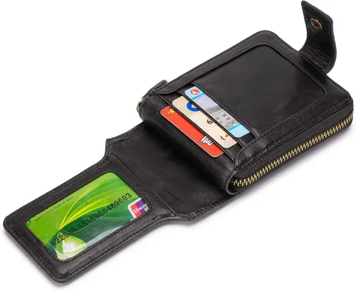 Vista 3 de BAIGIO Billetera de cuero genuino con cremallera alrededor de RFID bloqueo billetera plegable vintage multi tarjetero monedero, Negro -, Cartera Rfid