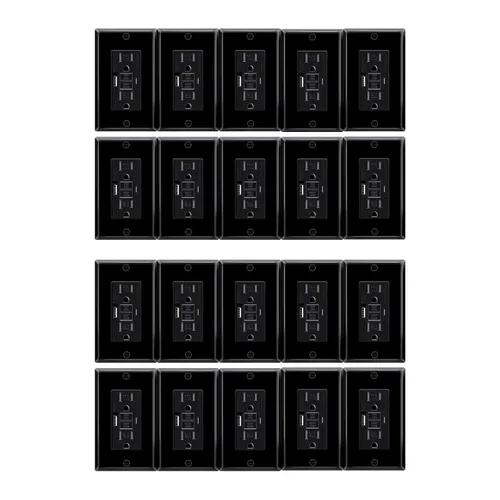 Vista 64 de Toma GFCI negra de 15 amperios con puertos USB C y USB-A, 1 unidad de 24 W de autotprueba GFCI USB Combo con indicador LED, resistente a