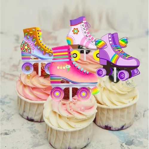 Vista 7 de 36 piezas de patines de ruedas para cupcakes, decoración de fiesta de cumpleaños, estilo retro, hip hop, temática de patinaje, para cupcakes para 80
