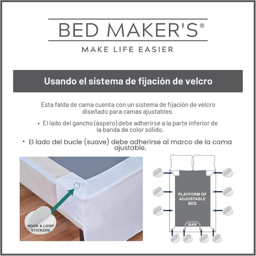Vista 10 de Falda de Cama Bed Maker's Never Lift Your Mattress para Camas Ajustables, Esquinas Divididas, Caída de 15 Pulgadas, King, Blanco