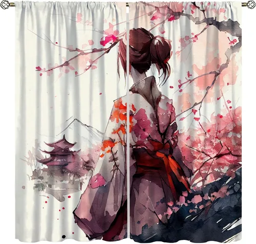 Vista 9 de Cortinas de geisha japonesas, flores rosas, ramas de árbol, sexy, glamour, para mujer, encantador, estética, oriental, con bolsillo para barra