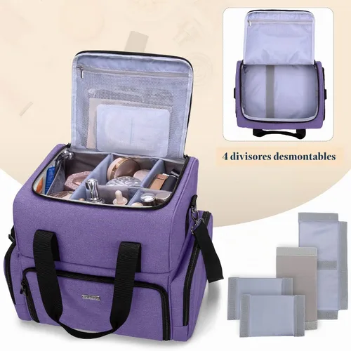 Vista 3 de BAFASO Bolsa de maquillaje de viaje grande de 2 capas con 3 bolsas Púrpura