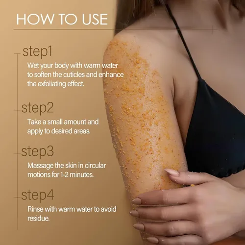Vista 6 de Exfoliante corporal de cúrcuma, vitamina C, exfoliante corporal con colágeno y aceite de coco, removedor de piel muerta, exfoliante natural suave e