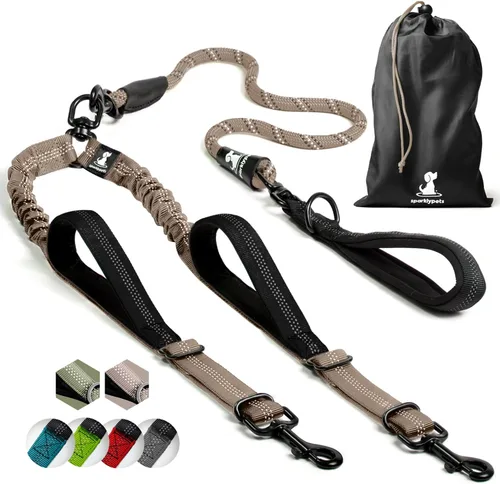 Vista 27 de Correa doble premium para dos perros, absorción de golpes, antitirón, doble correa para razas medianas y grandes con accesorio de correa doble
