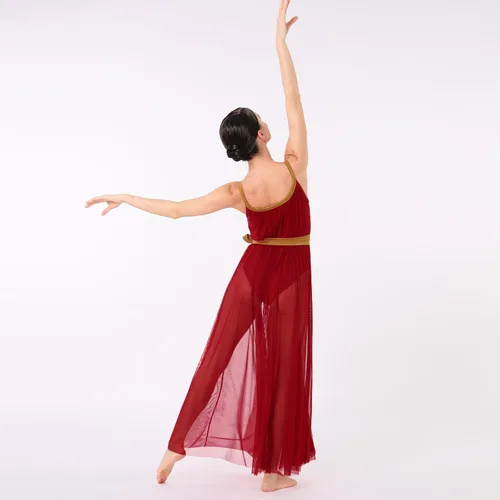 Vista 6 de ODASDO Lyrical Dance Costumes for Women Camisole Mesh Tulle Long Dress with Belt Adult Ballet Dancewear Competition Clothing