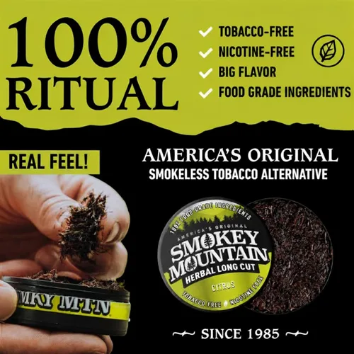 Vista 3 de Smokey Mountain Herbal Long Cut – Cítrico – Caja de 10 Latas - Rapé Libre de Tabaco y Nicotina