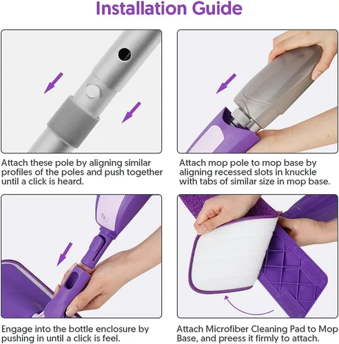 Vista 6 de Mopa con aerosol para limpieza de suelos - SEVENMAX Mopa de microfibra con botella recargable de 550ML, 3 almohadillas lavables, mopa plana para uso