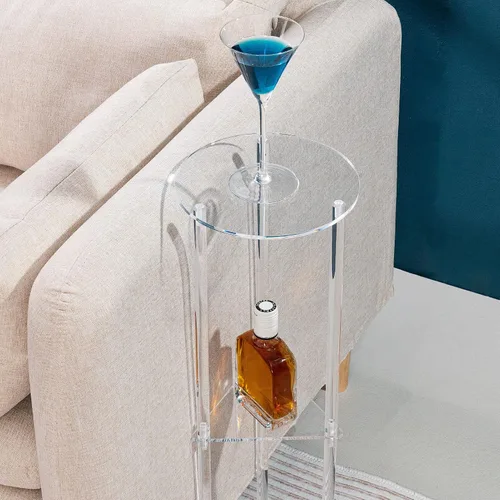 Vista 2 de HMYHUM Mesa de bebida acrílica para espacios pequeños, mesa de Martini para sala de estar, mesa auxiliar de bebidas pequeñas, 3 niveles, redonda