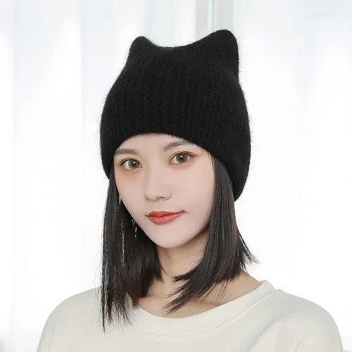 Vista 2 de Gorro de punto de lana con orejas de gato lindo para mujer gorro térmico de doble capa
