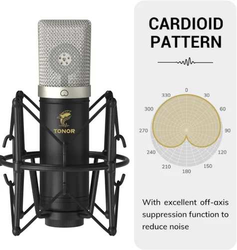 Vista 3 de TONOR Micrófono de condensador de 192 kHz/24 bits, kit de micrófono cardioide USB con brazo de pluma mejorado/soporte de choque de araña