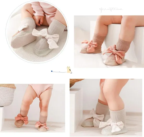 Vista 5 de SUITBOY Calcetines de zapatos para niñas con bonitos lazos paquete de 2 calcetines antideslizantes para el suelo con agarre juego de regalo