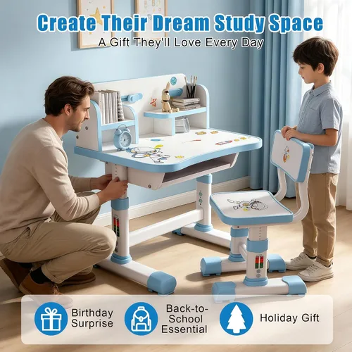 Vista 8 de HEVIRGO Kids Desk and Chair Set – Height Adjustable Blue Study Table Blue-b