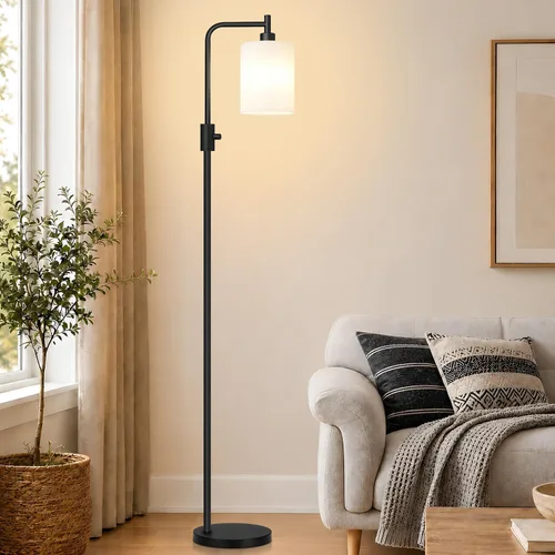 Vista 21 de 【Actualizada】Lámpara de pie regulable para sala de estar con pantalla de vidrio, lámpara de pie industrial moderna negra con bombilla LED de 900LM