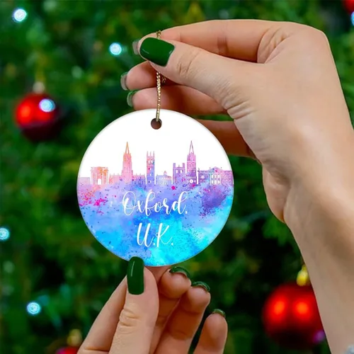 Vista 4 de Adorno navideño de cerámica Oxford impreso de dos caras, novedad para familiares, amigos, niños, silueta de vista de la ciudad, colgantes