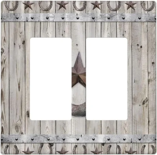 Vista 136 de Cubiertas de pared de estilo rústico occidental de madera puerta de granero herradura de hierro estrella placas de pared simple dúplex cubiertas