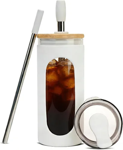 Vista 26 de Sursip - Vaso de vidrio de 20 oz con tapas y popotes, taza de café helado reutilizable de vidrio de borosilicato con tapa de bambú para batido, jugo