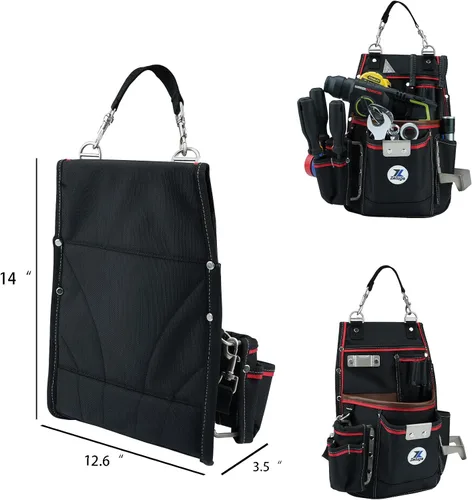 Vista 3 de Zeluga 20-539 - Bolsa de herramientas profesional resistente con soporte para martillo y clip de cinta Nylon balístico 1680D + cuero genuino