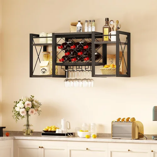 Vista 4 de Estante de vino montado en la pared con soporte para vidrio, estante de bar retro de madera y metal, almacenamiento de pared para cocina, comedor