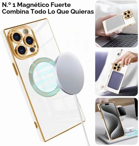 Vista 3 de OOK Funda magnética para iPhone 15 Pro Max borde chapado en oro - blanco
