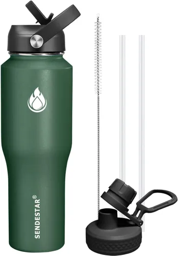 Vista 41 de SENDESTAR - Botella de agua de 0,9 L, 2 tapas (tapa con pajita), boca ancha de acero inoxidable aislada al vacío, doble pared, mantiene los líquidos
