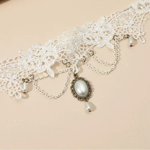 Vista 7 de Acxico Princesa Nupcial Romántico Clásico Blanco Borlas Encaje Perla Colgante Collar