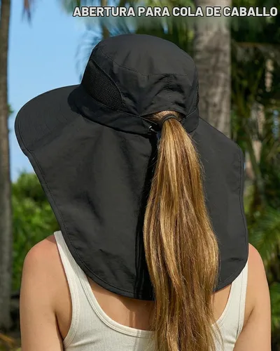 Vista 3 de Sombreros de sol para mujer, protección UV, ala ancha con agujero Negro