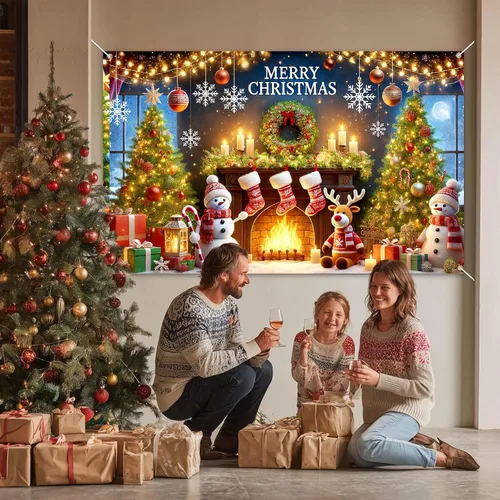 Vista 2 de BlissYard Pancarta de Fondo Navideño Escena de Chimenea con Muñeco de Nieve Reno Medias Guirnalda Árbol Regalos Decoración de Fiesta Navideña 71×43