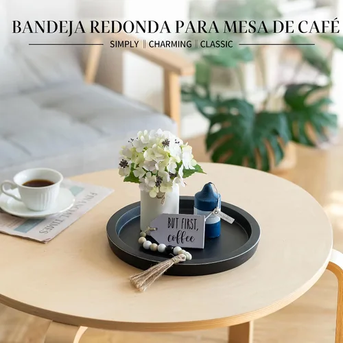 Vista 4 de Hanobe - Bandeja redonda de madera para portavelas, decoración de centro de mesa de centro de centro de mesa negra Placas decorativas rústicas