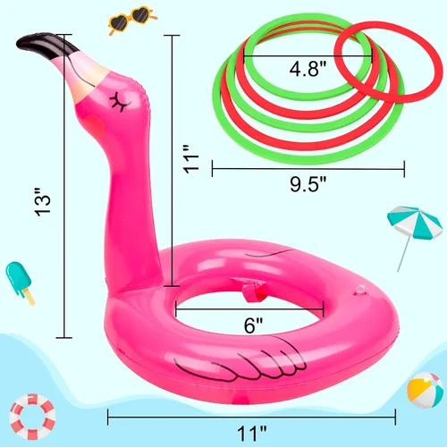 Vista 3 de Juego de lanzamiento de anillos inflables de flamenco de 3 piezas, suministros de juguetes para fiestas en la piscina, decoraciones Luau