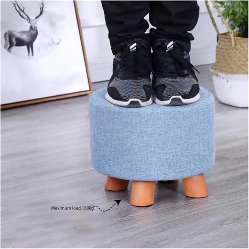 Vista 2 de Zapatero de 4 patas, taburete de madera maciza, taburete redondo de tela otomana, taburete de pie para sala de estar, sofá, reposapiés, oficina Verde