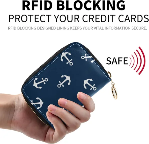 Vista 2 de OTVEE Funda para tarjetas de crédito RFID, billetera de cuero de microfibra con cremallera para mujer, Anclas, Cartera Rfid