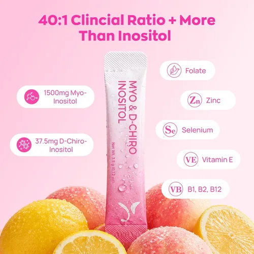 Vista 5 de Gynable - Suplemento de mio-inositol y D-Chiro inositol para mujeres, proporción 40:1, paquetes de mezcla de bebida en polvo de melocotón, apoya